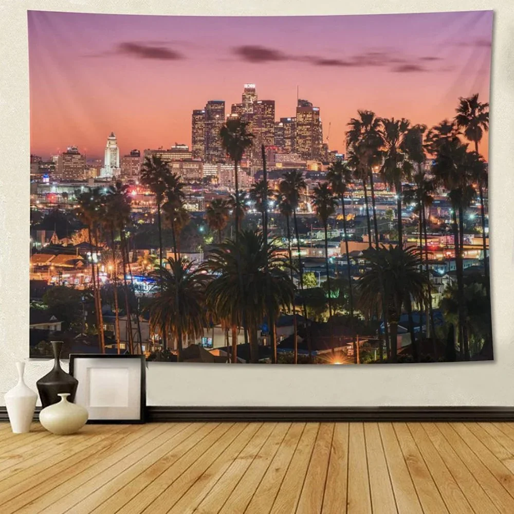 Los Angeles Pink Sunset City Skyline Cityscape Indoor/Outdoor Decor Tapestry